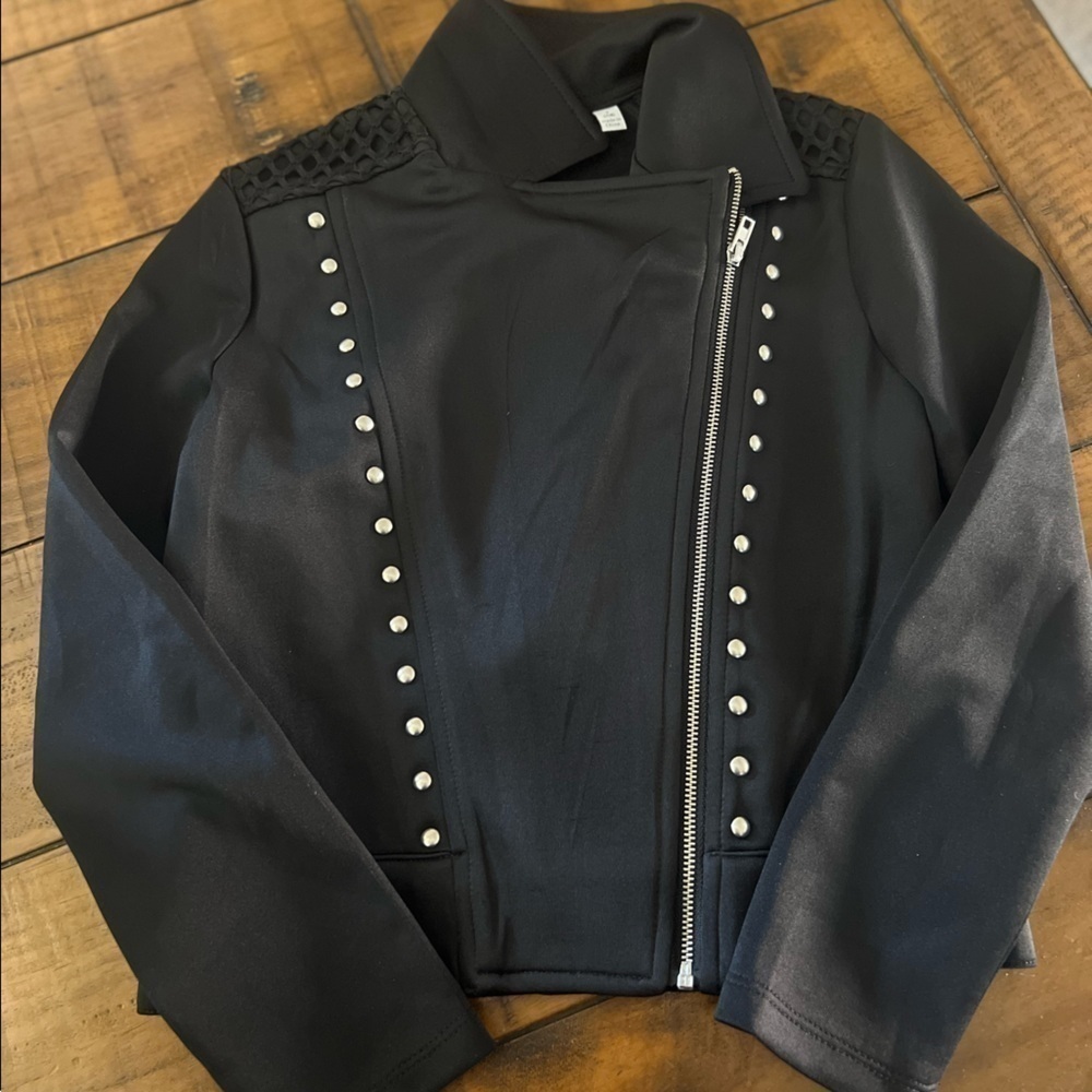 𝅺DISNEY D-Signed Bold Spirit Children's Black Faux Leather Jacket Size S(7/8)